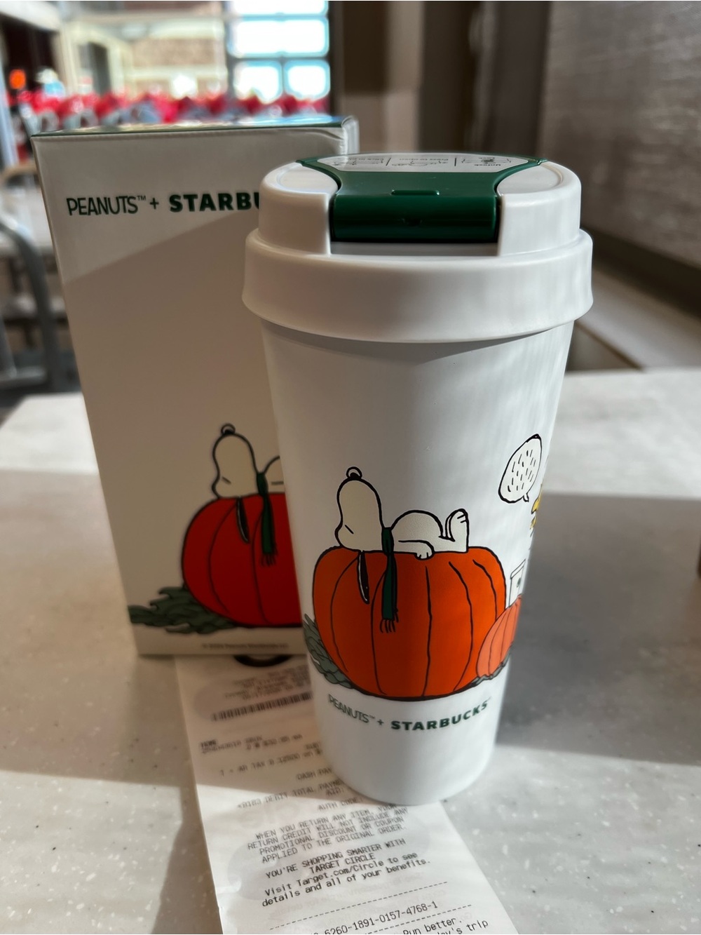 Starbucks White Travel Tumbler with Orange Pumpkin & Green Lid